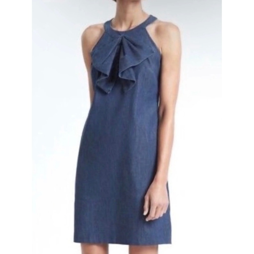 Banana Republic Blue Denim Halter Dress Ruffle Bow Shift Pockets Sleeveless